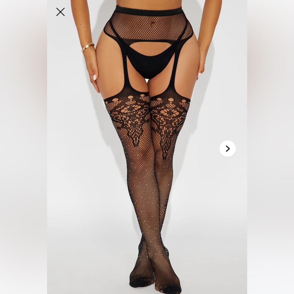 Elegant Black Lace Rhinestone Stockings & Attached Garter nwt O/S regular - Picture 1 of 2